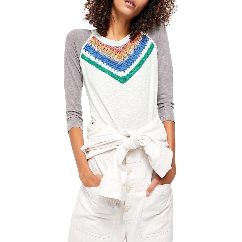 Free People Spring Bound Crochet Detail Top Blue Combo Women's Size S